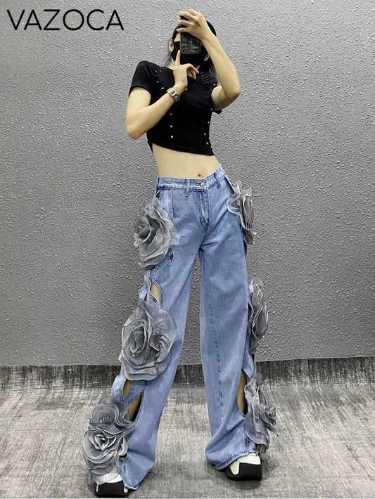 3D Flower Denim Pants
