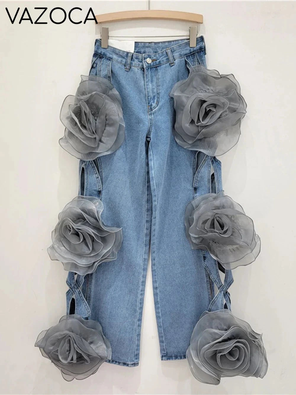 3D Flower Denim Pants Blue