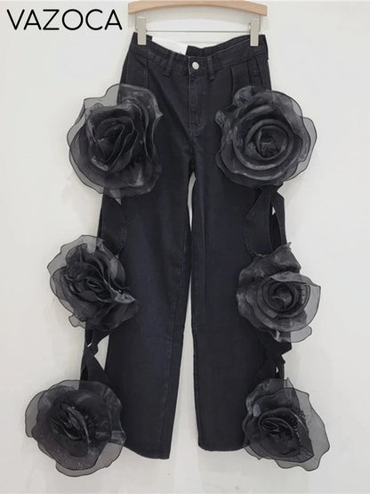 3D Flower Denim Pants black