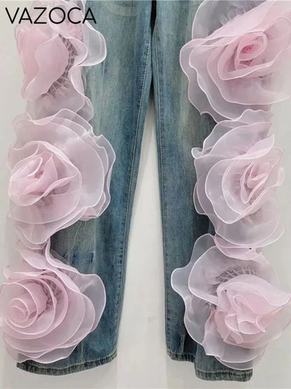 3D Flowers High Waist Jeans