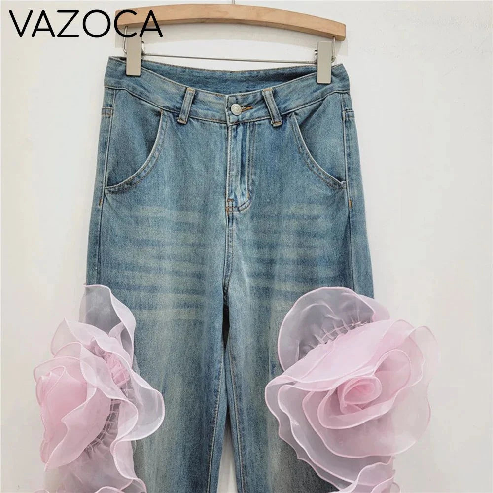 3D Flowers High Waist Jeans