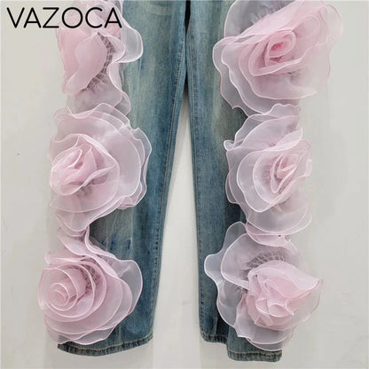 3D Flowers High Waist Jeans