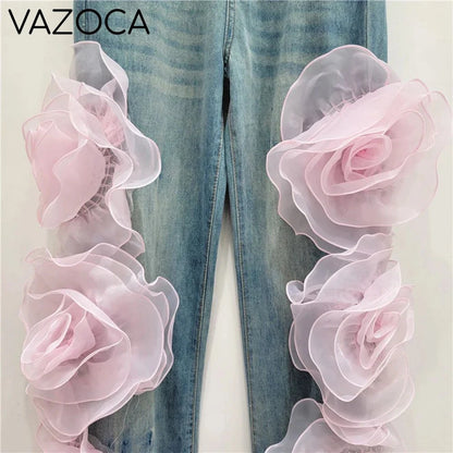 3D Flowers High Waist Jeans