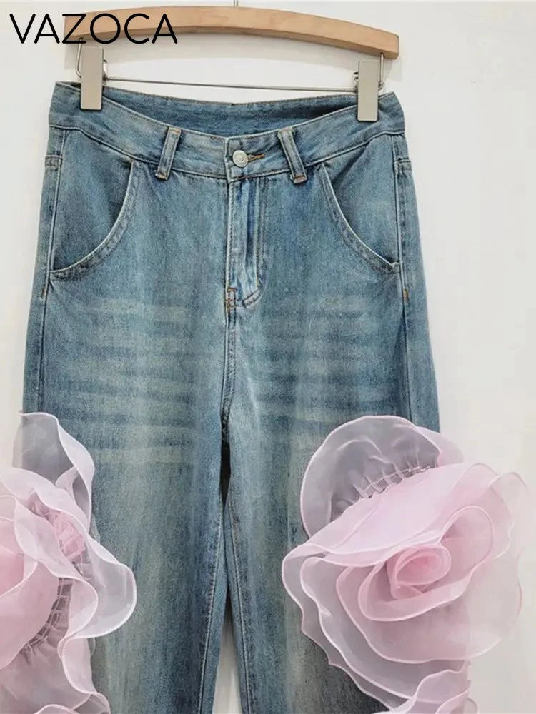 3D Flowers High Waist Jeans