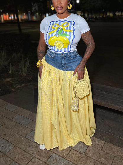 Lemon Printed Top & Denim Gingham Skirt Set