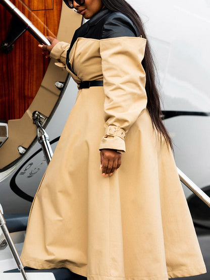 Leather Contrast Belted Trench Coat