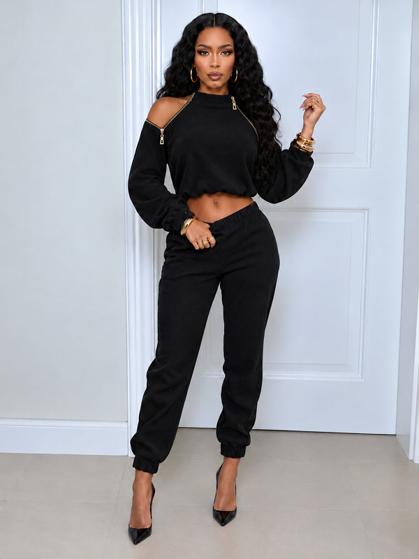 Solid Zip-up Crop Top & Pants Set