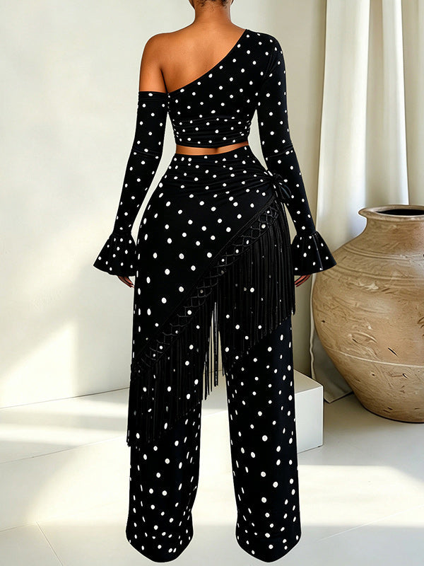 Polka Dot Off-Shoulder Top & Flared Pants Set