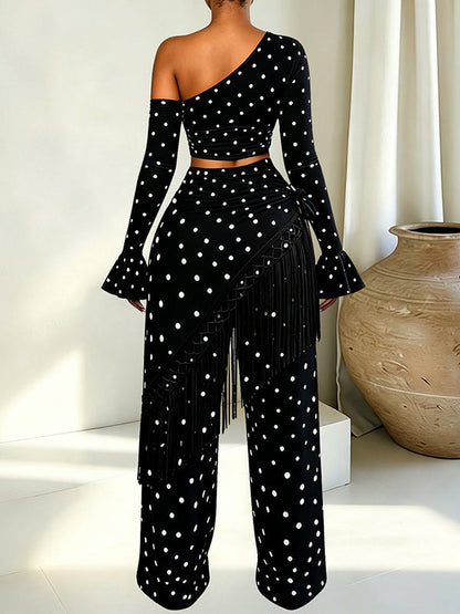 Polka Dot Off-Shoulder Top & Flared Pants Set