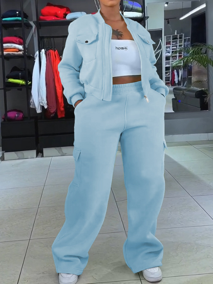 Solid Zip Top & Cargo Pants Set