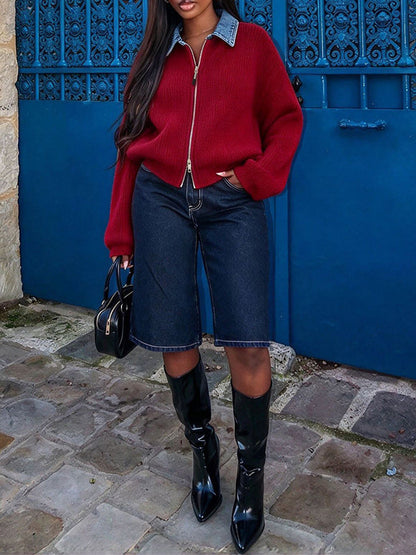 Denim Paneled Double Zip Sweater