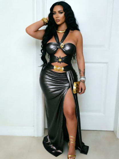 Metallic Halter Slit Maxi Dress