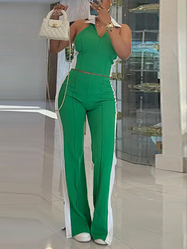 Two-Tone Halter Pants Set