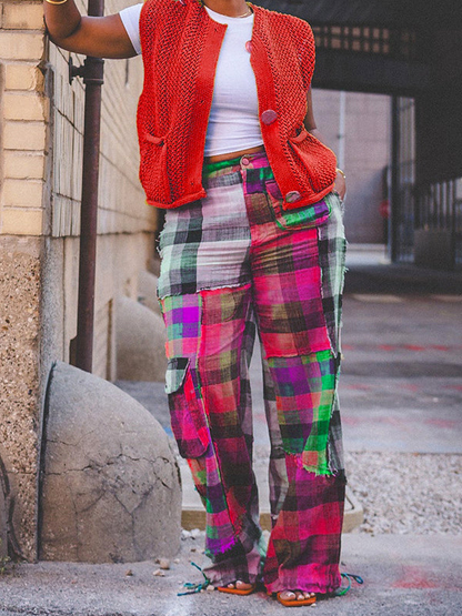 Morchique Plaid Color Blocked Straight Leg Pants