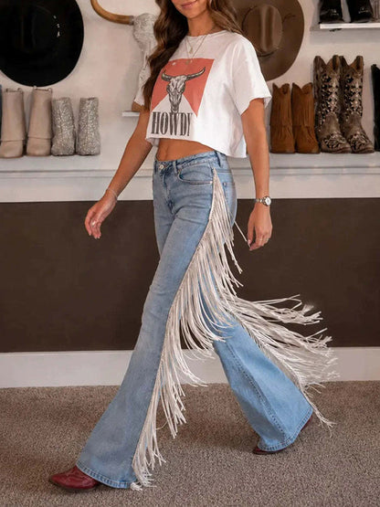 Fringed Denim Flare Pants