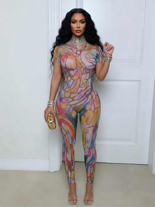 Studded Printed Cut-out Jumpsuit