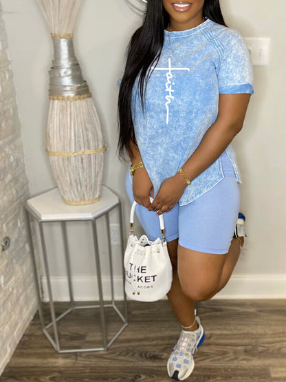 Logo Printed Slit Tee & Biker Shorts Set-Clearance