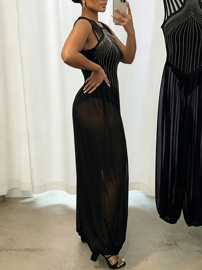 Rhinestone Strappy Mesh Jumpsuit
