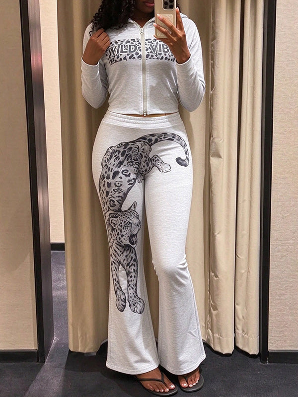 Letter Print Top & Leopard Pants Set