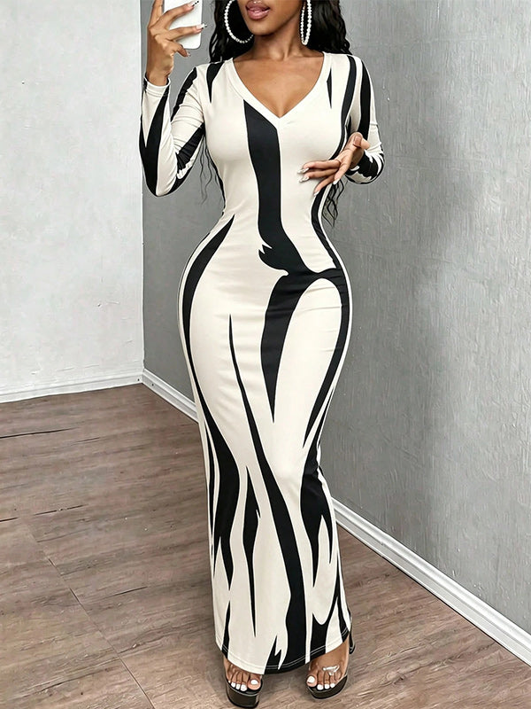 Printed V‑Neck Bodycon Maxi Dress