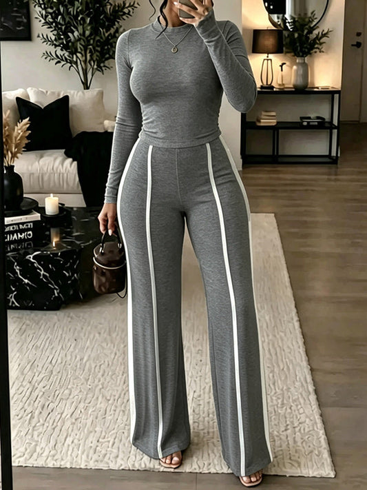 Solid Top & Striped Pants Set