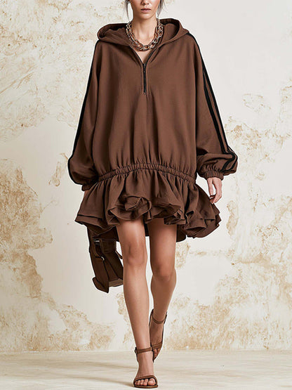Solid Hoodie Ruffle Dress