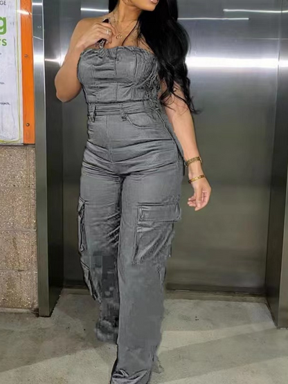 Morchique Faux Leather Strapless Jumpsuit