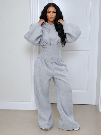 Solid Hoodie Cinched Waist Top & Pants Set