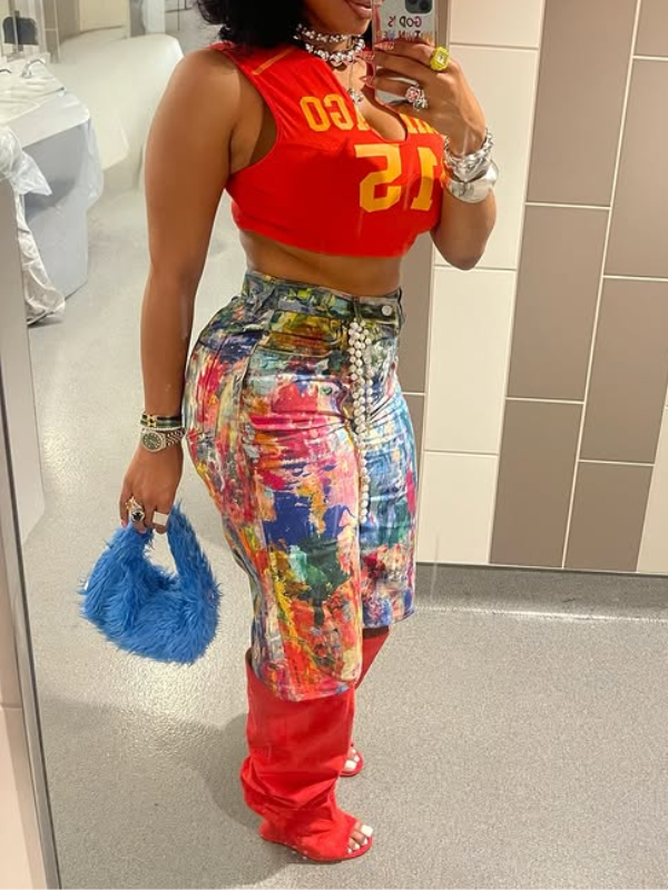 Abstract Painted Straight Denim Shorts