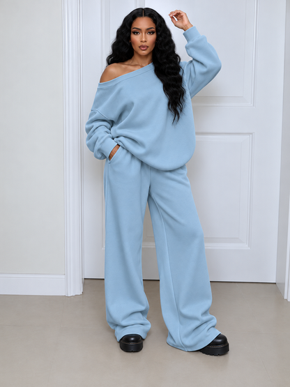 Solid Boat Neck Top & Pants Set