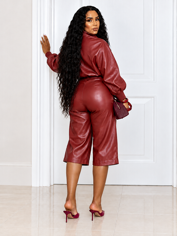 Faux Leather Zip-up Jacket & Capri Pants Set
