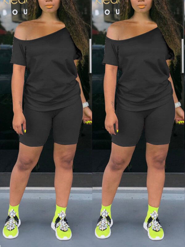 Solid Boat-Neck Tee & Biker Shorts Set