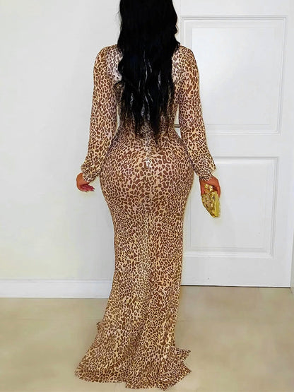 Leopard Deep-V Slit Dress