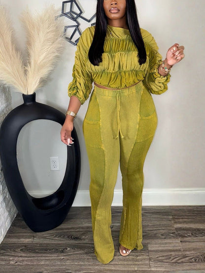 Washed Ruched Top & Flared Pants Set