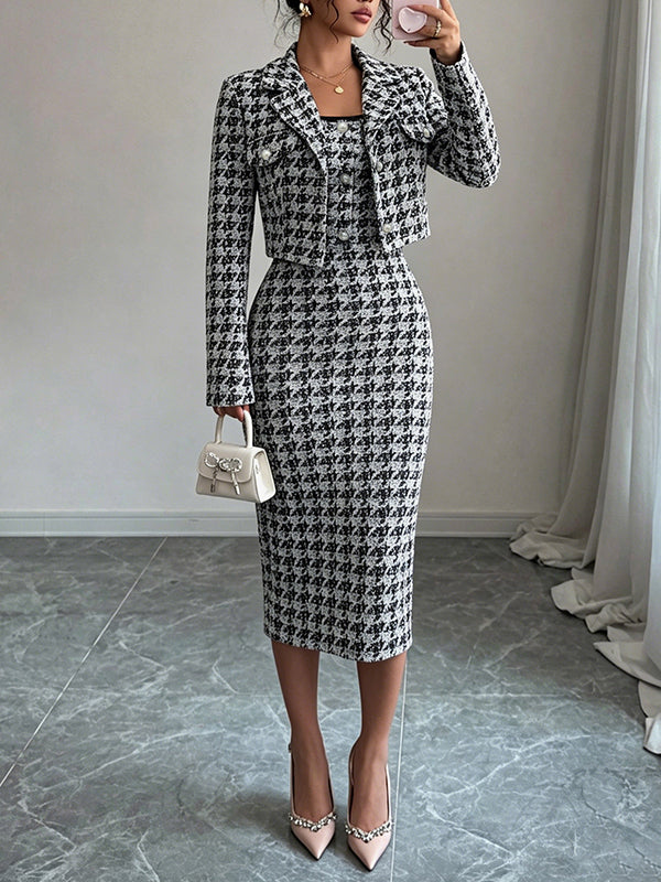 Houndstooth Cropped Blazer & Cami Dress Set