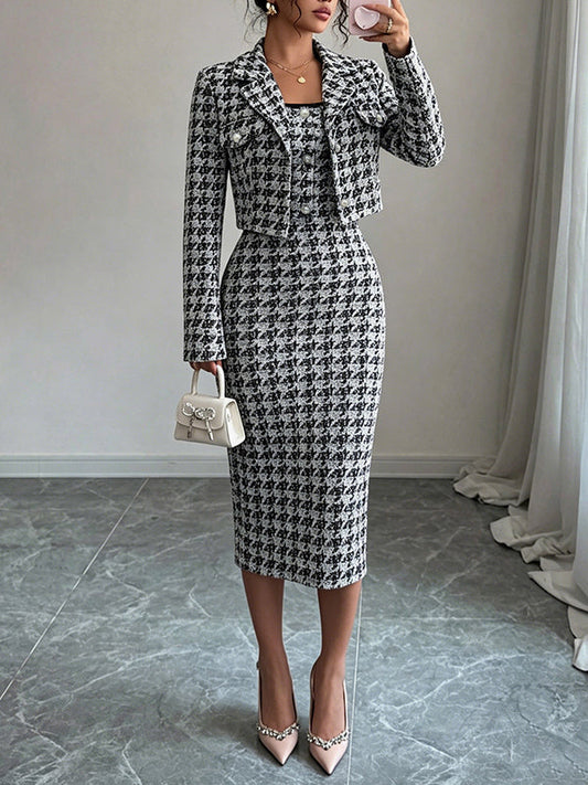 Houndstooth Cropped Blazer & Cami Dress Set