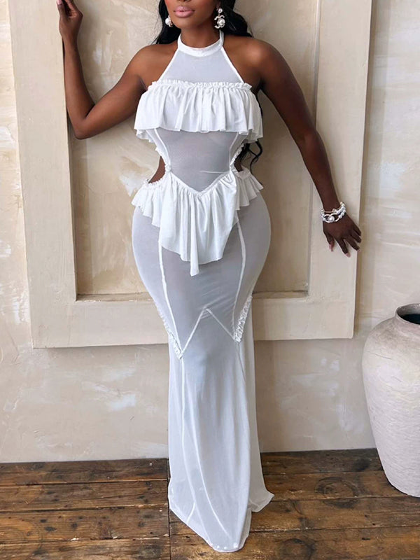 Halter Ruffled Cut‑Out Maxi Dress