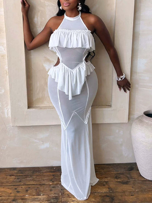 Halter Ruffled Cut‑Out Maxi Dress