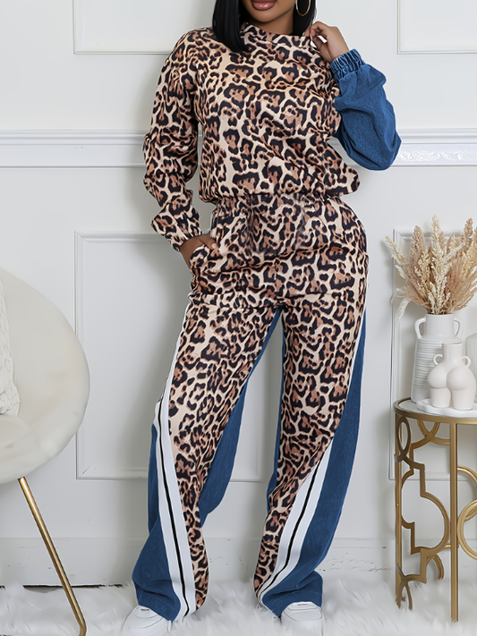 Stripe Combo Leopard Sweatshirt & Pants Set