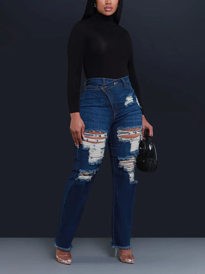 Distressed Asymmetrical Zip Jeans