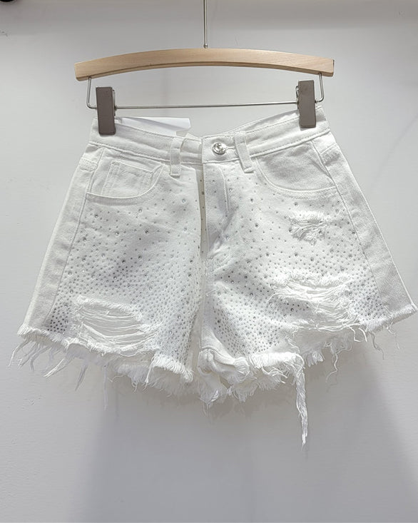 High-Waisted Slimming Colored Perm Ripped Denim Shorts White