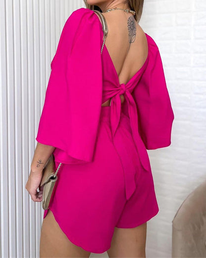 V-Neck Backless Bell Sleeve Shirt Shorts Casual Suit