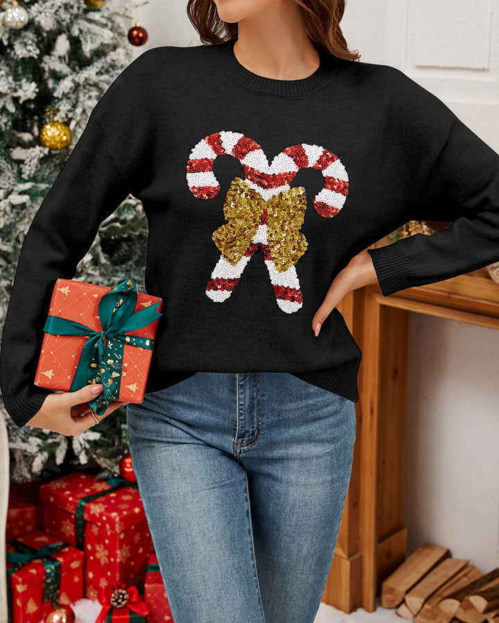 Christmas Cane Bow Sequin Sweater