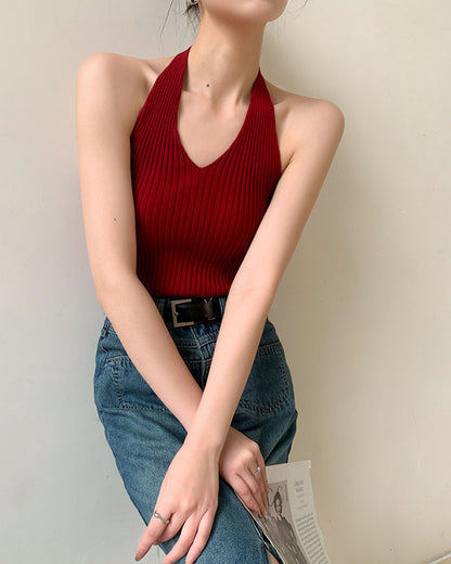 Halterneck Sleeveless Knitted Backless Tank Top