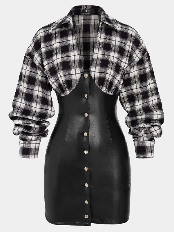 V-Neck Plaid-Combo Faux-Leather Mini Dress