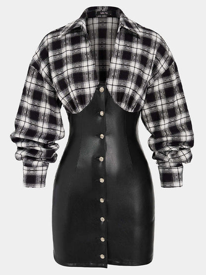 V-Neck Plaid-Combo Faux-Leather Mini Dress