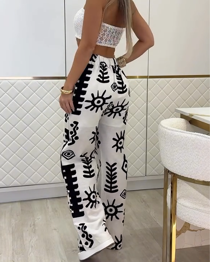 Lace-Up Tube Top Print High-Waisted Trouser Set (Pre-Sale)