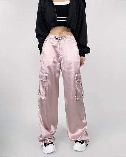 Loose Straight High-Waisted Casual Satin Overalls