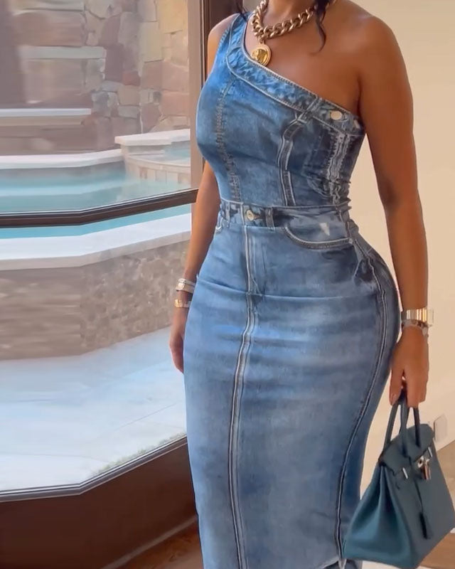 3D Printed Denim Slim Fit Dress