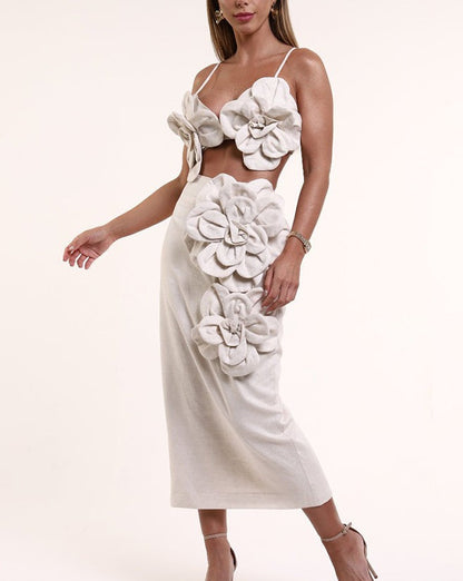 Beach Vacation Three-Dimensional Floral Solid Color Top And Skirt Suit Linen